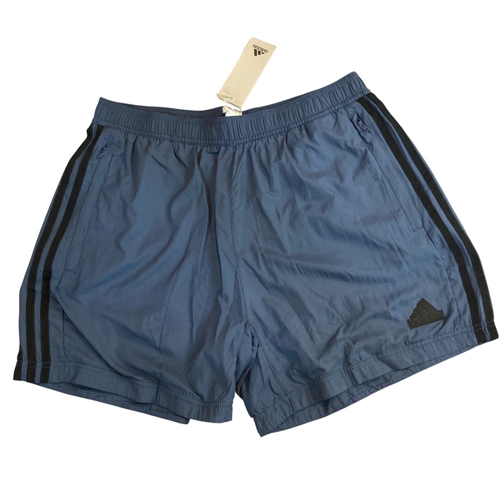 NEW Adidas Shorts Mens 3-Stripe 2 Zippered Pockets Blue Black Athletic Large NWT